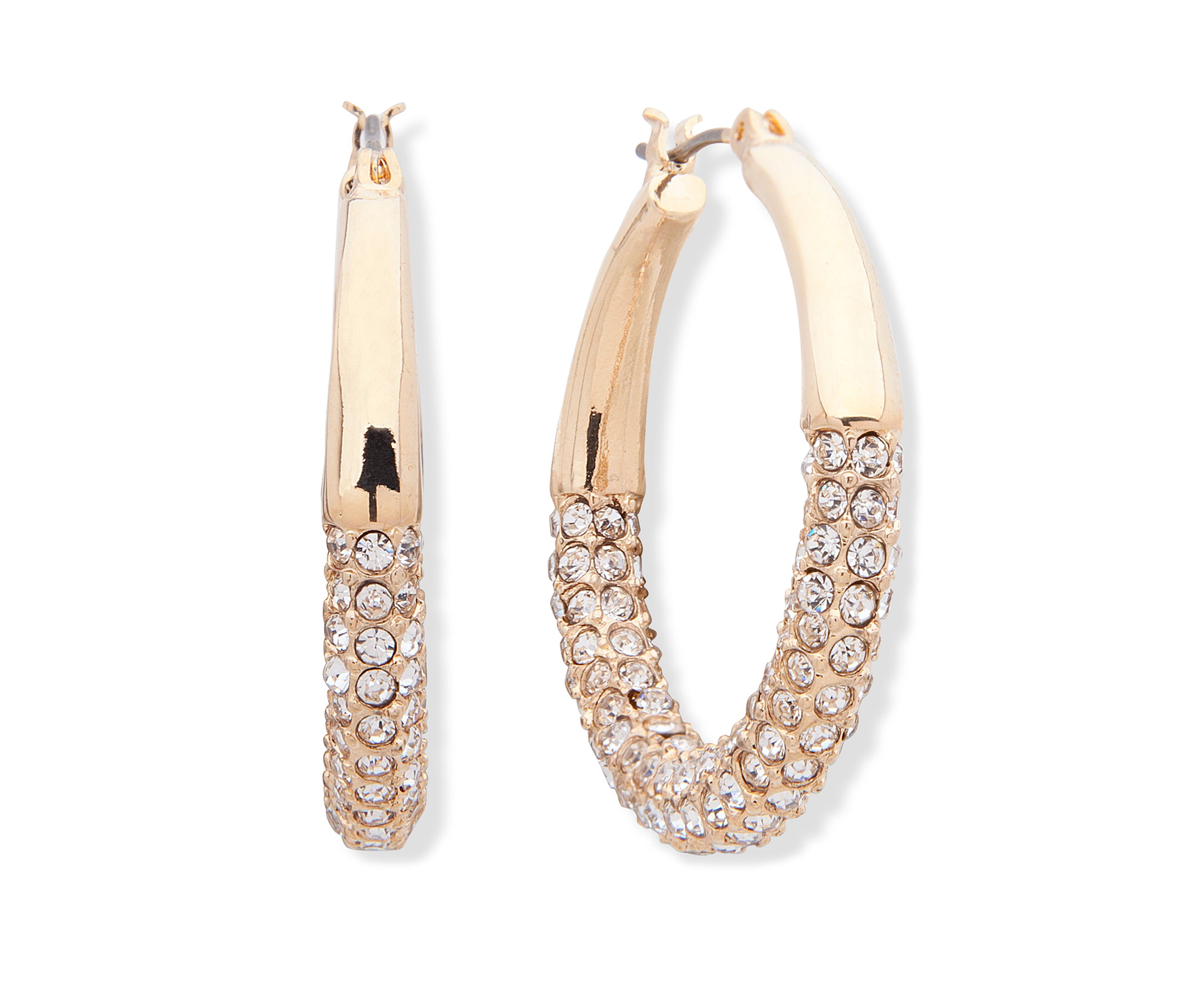 Gold Tone and Crystal Pavé Tubular Hoop Earrings
