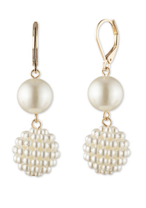  Gold Tone White Pearl Lever Back Drop Earrings 