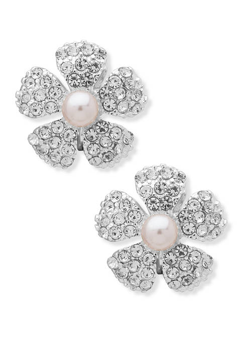 Silver Tone Pink EZ Comfort Clip Flower Button Earrings