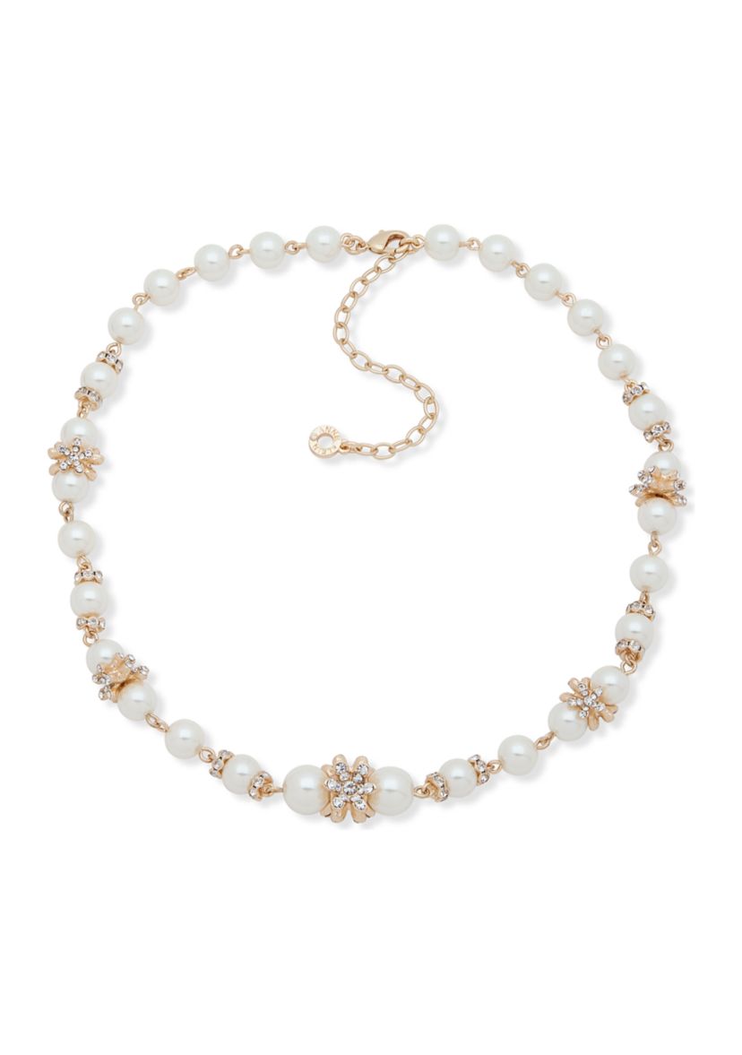 Gold-Tone White Flower Pearl Collar Necklace