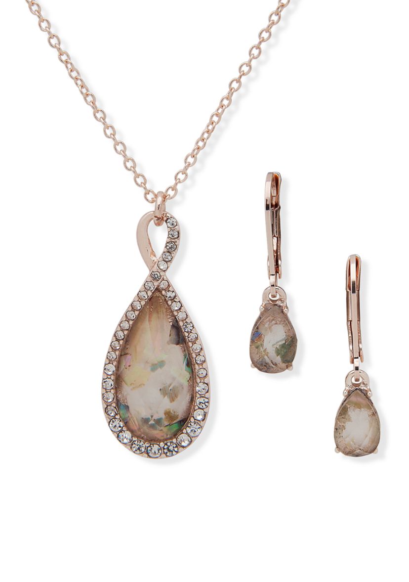 Rose Gold Tone Blush Teardrop Pendant Necklace Earring Set