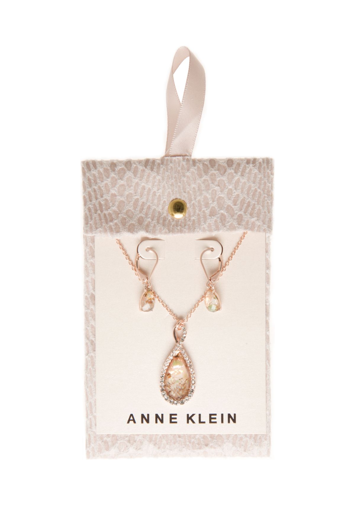 Rose Gold Tone Blush Teardrop Pendant Necklace Earring Set