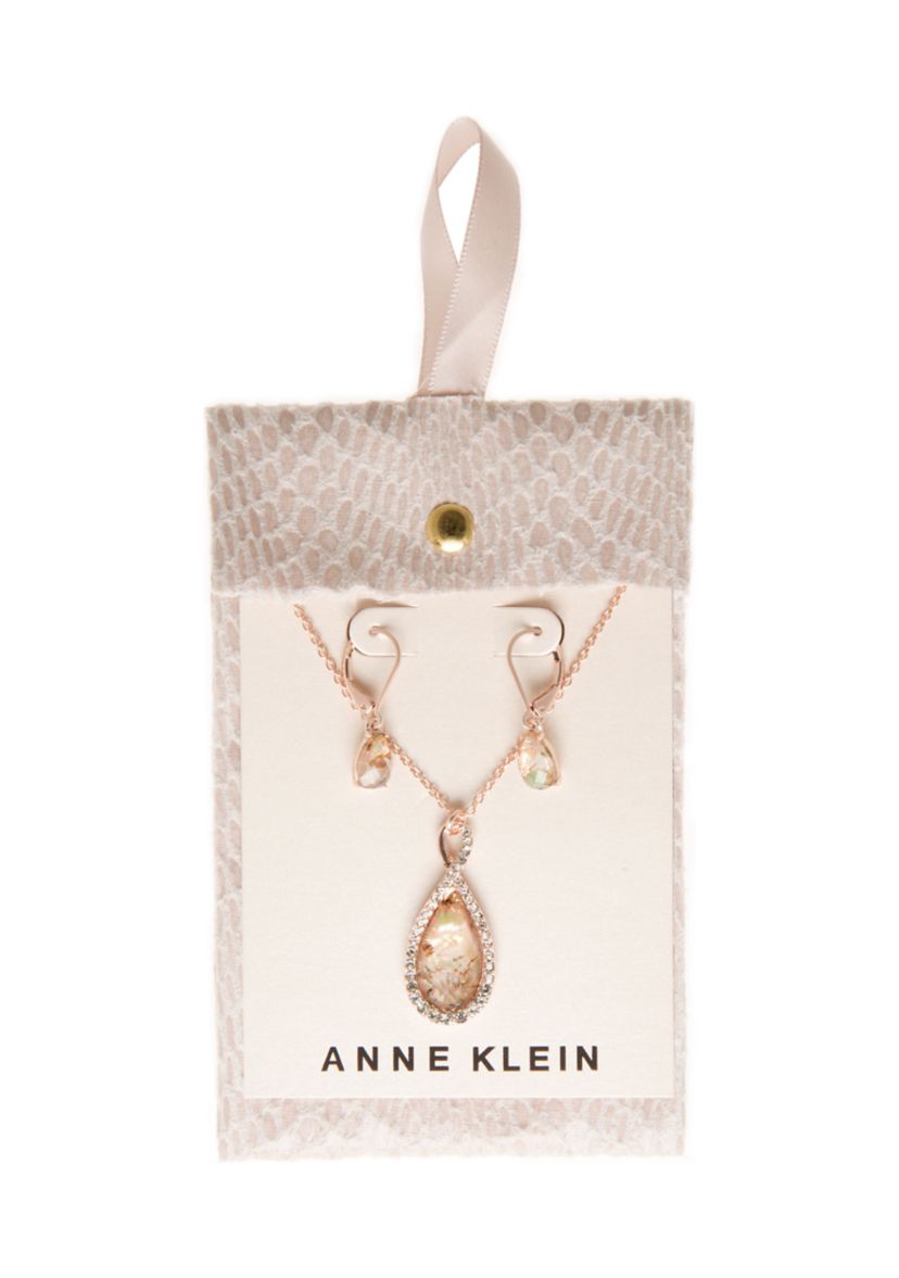 Rose Gold Tone Blush Teardrop Pendant Necklace Earring Set