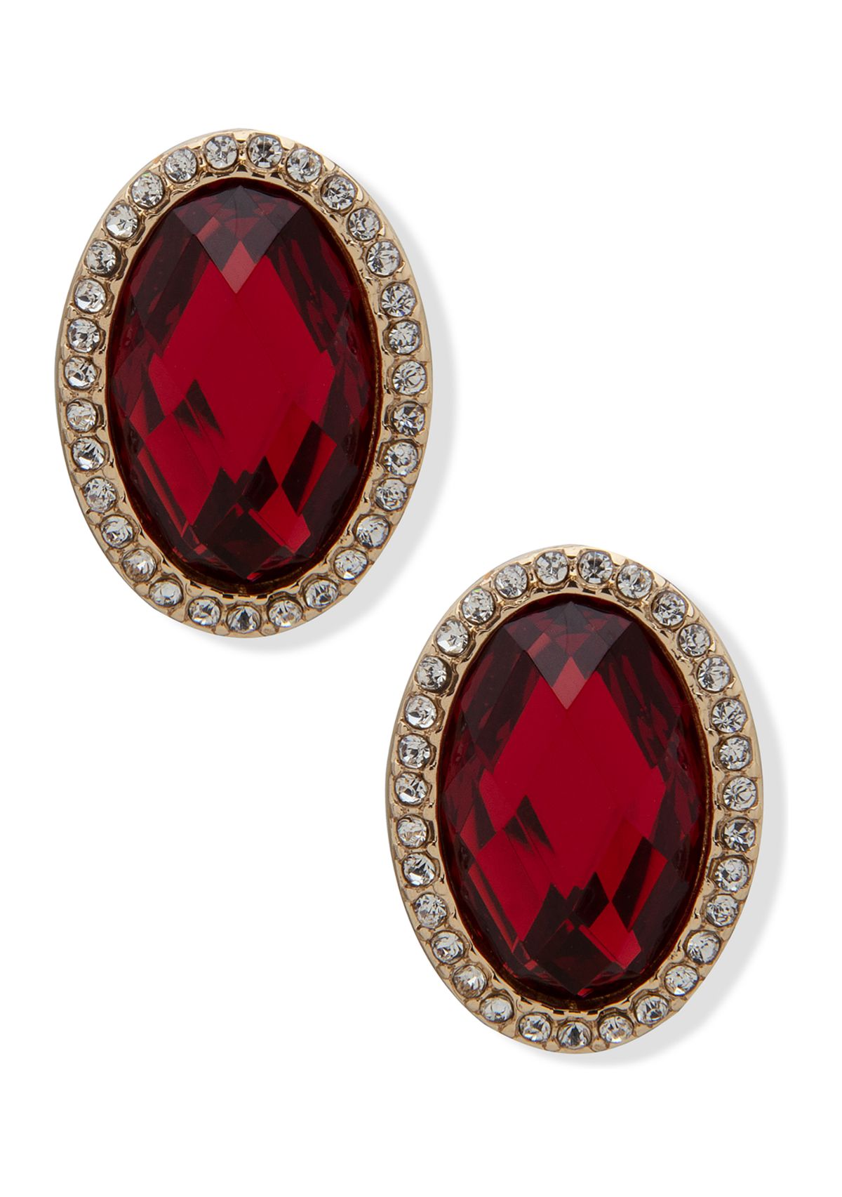 Gold Tone Red Siam and Crystal Oval Button Earrings