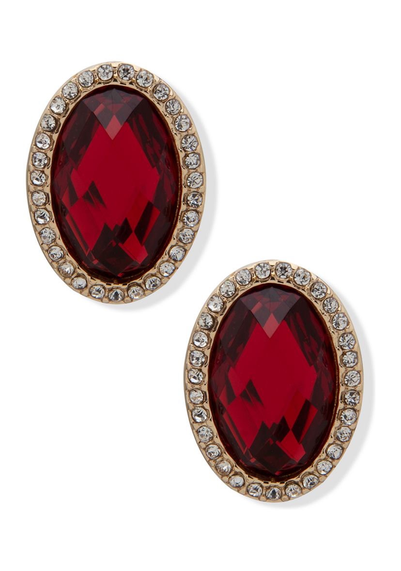 Gold Tone Red Siam and Crystal Oval Button Earrings