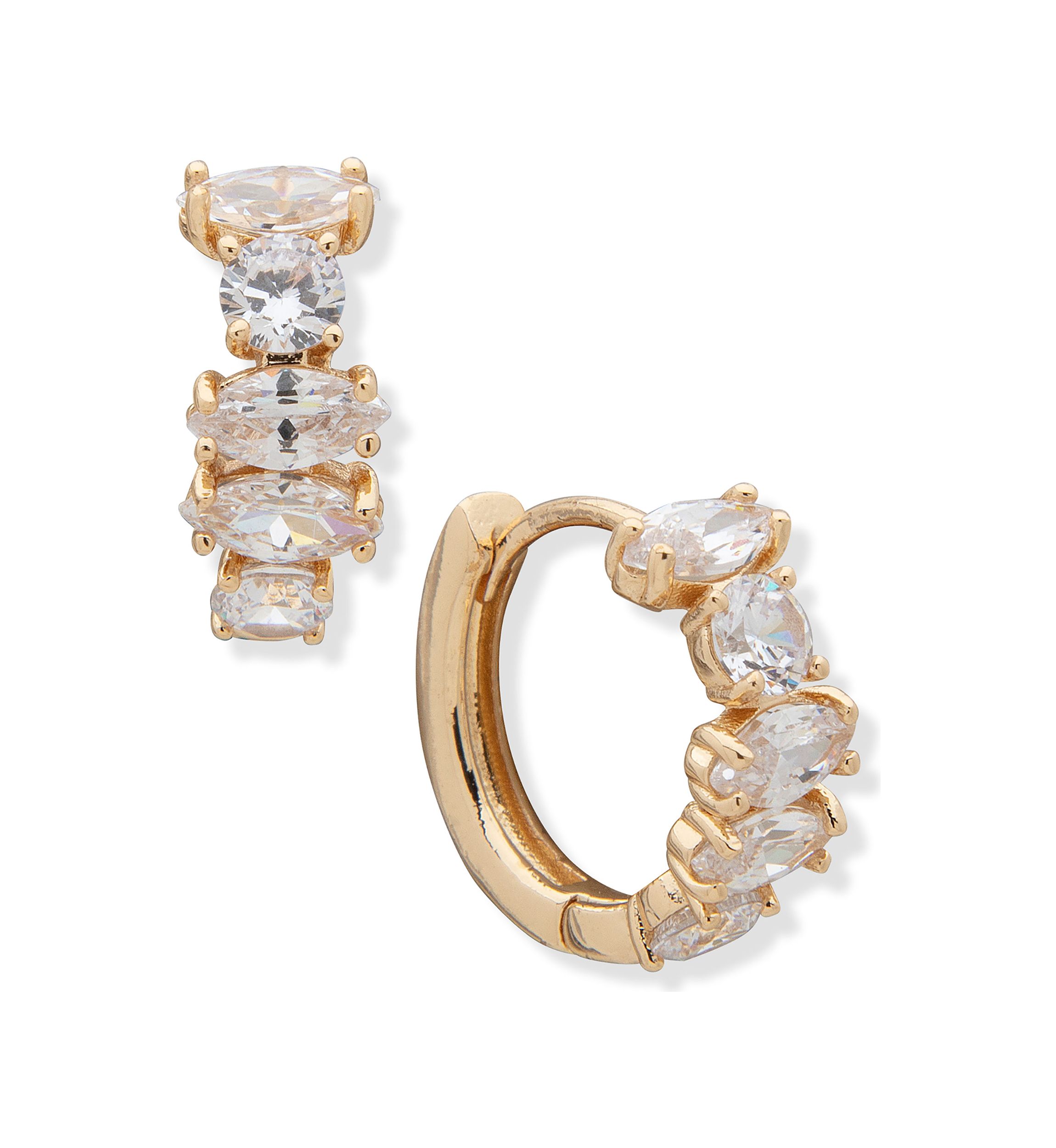 Gold Tone Crystal Navette Round Stone Hoop Pieced Earrings 