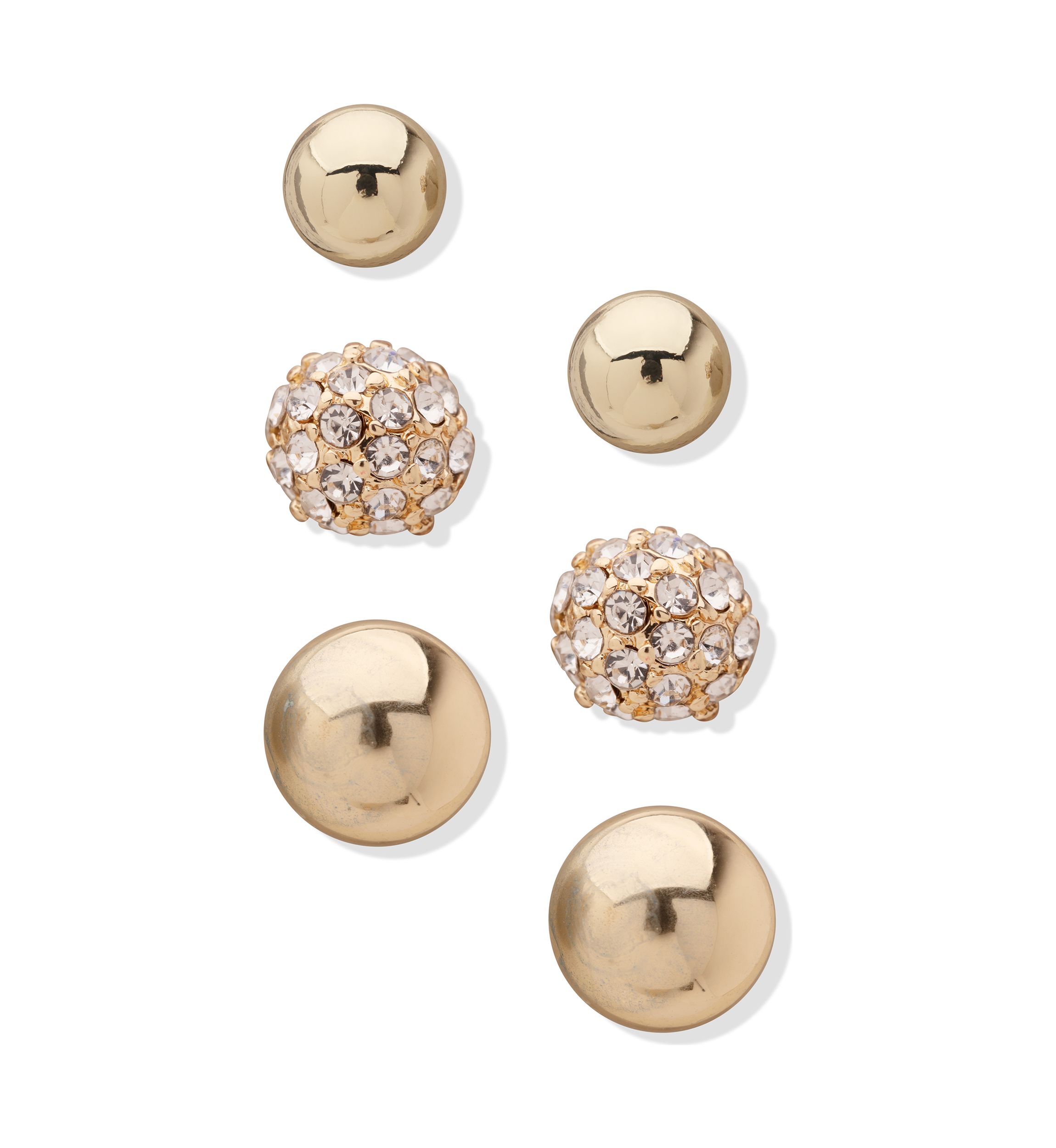 Set of 3 Gold-Tone Crystal Button Earrings 