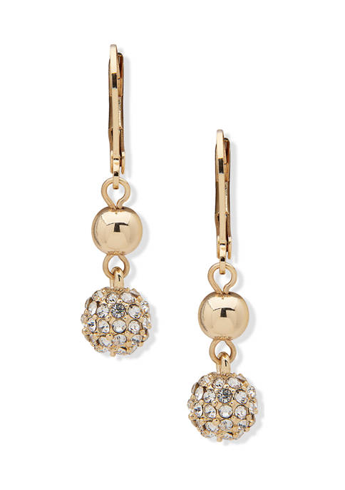 Gold Tone Crystal Leverback Double Drop Fireball Earrings