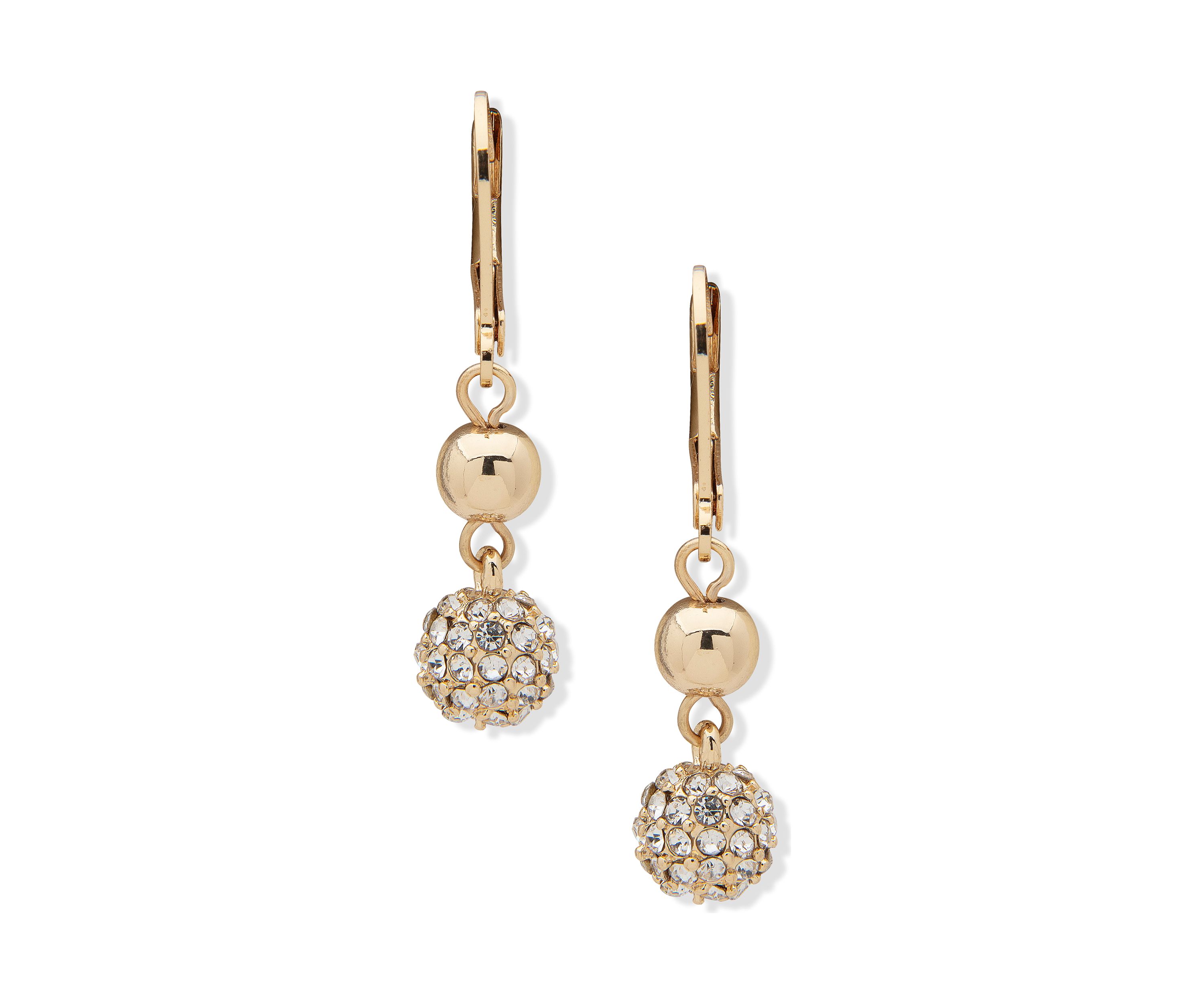 Gold Tone Crystal Leverback Double Drop Fireball Earrings