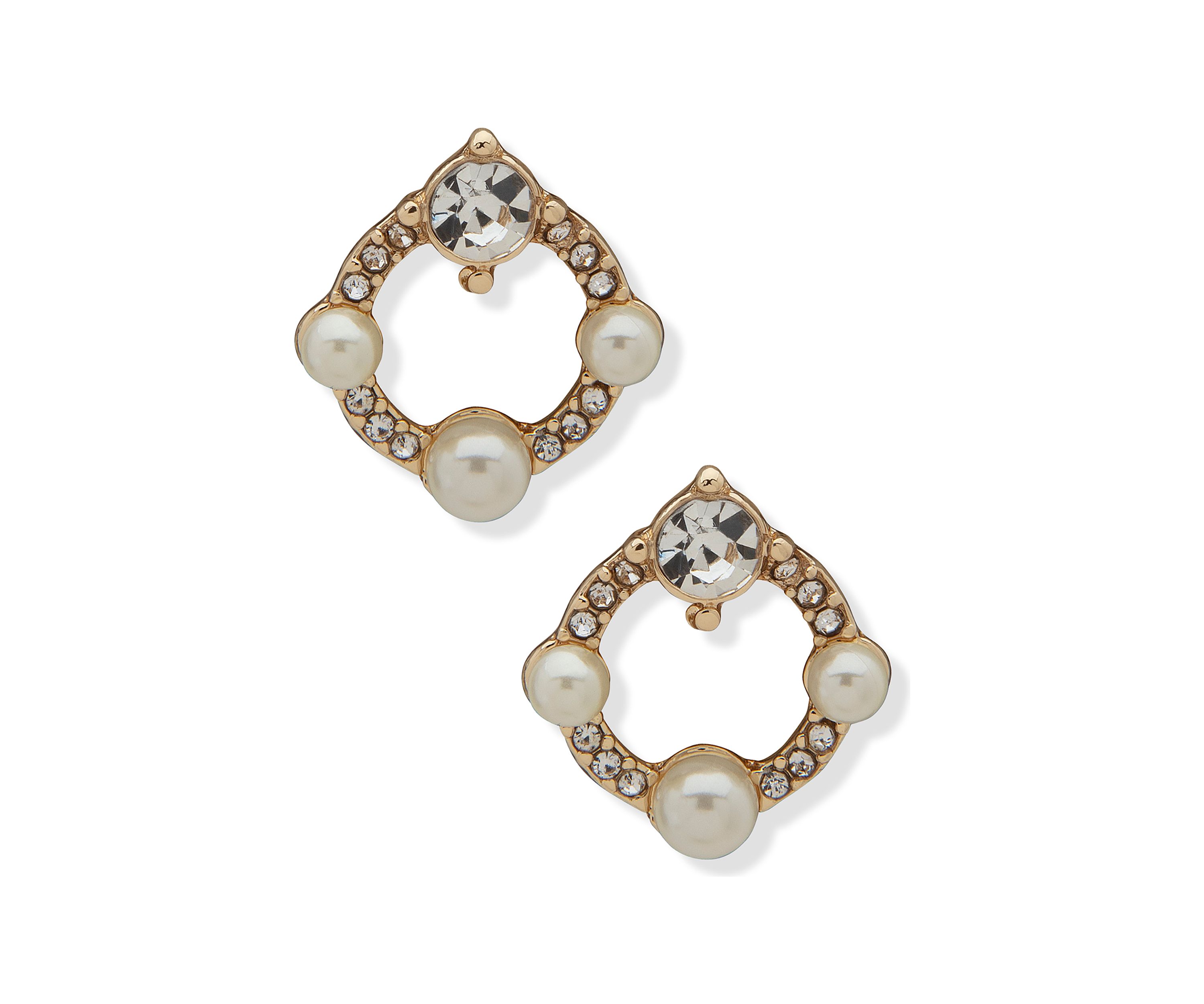 Gold Tone Pearl Crystal Open Button Earrings
