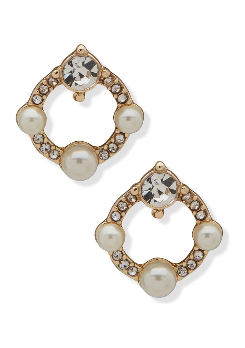 Gold Tone Pearl Crystal Open Button Earrings