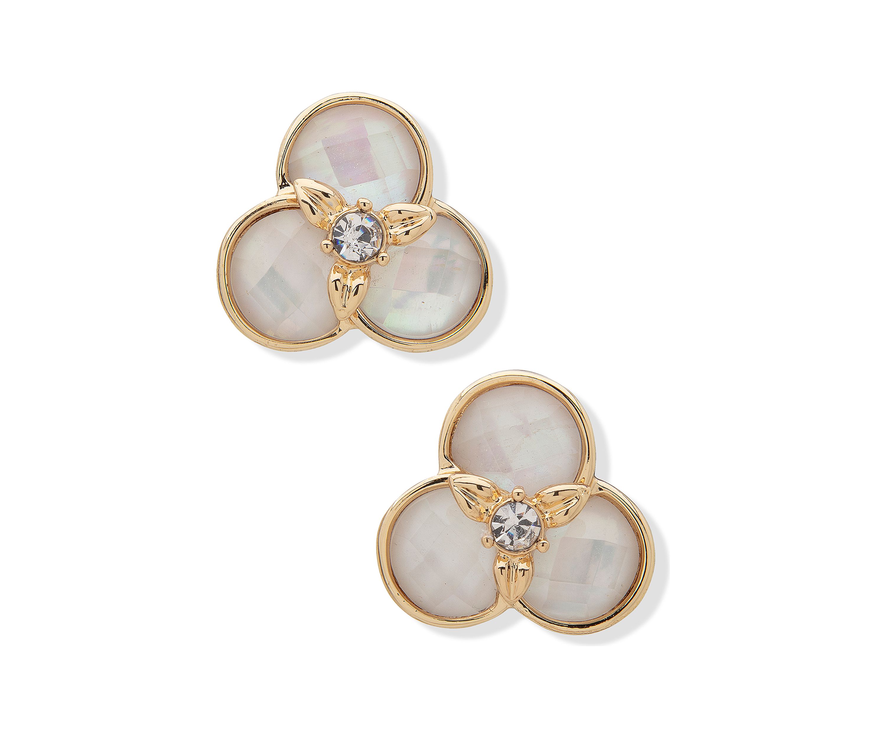Gold Tone White Mofther-of-Pearl Flower Button Clip Earrings