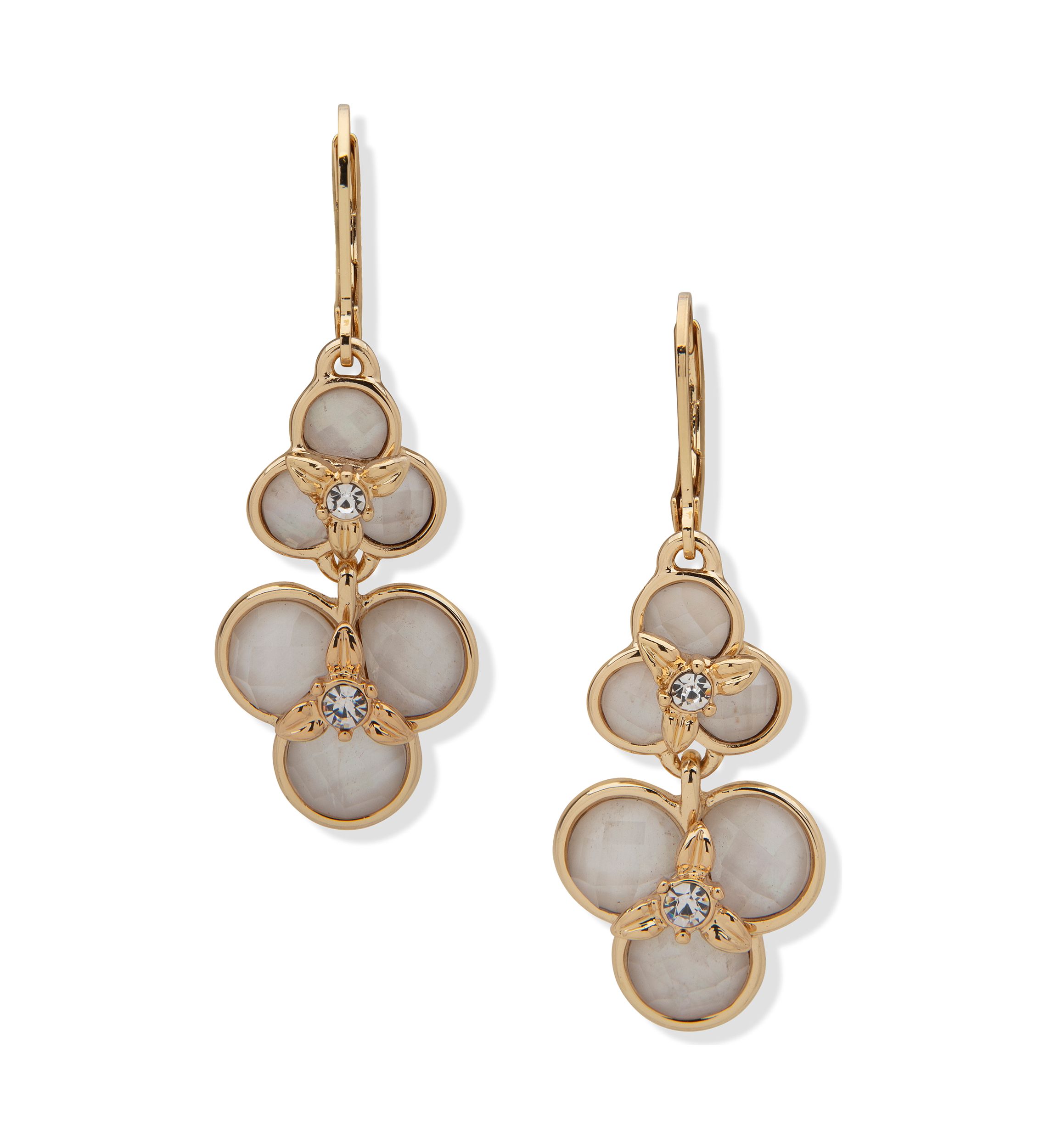 Gold Tone White Flower Double Drop Earrings