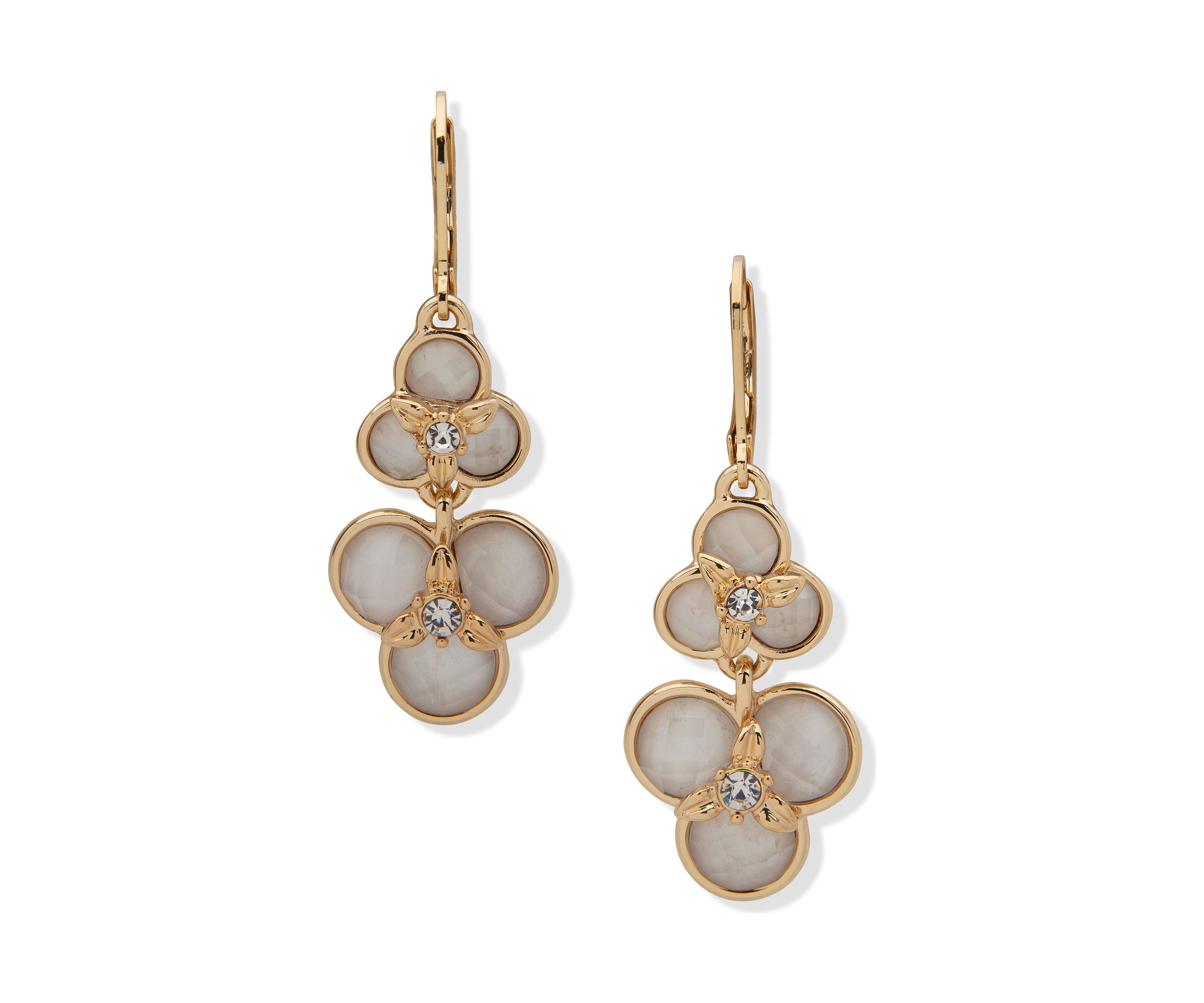 Gold Tone White Flower Double Drop Earrings
