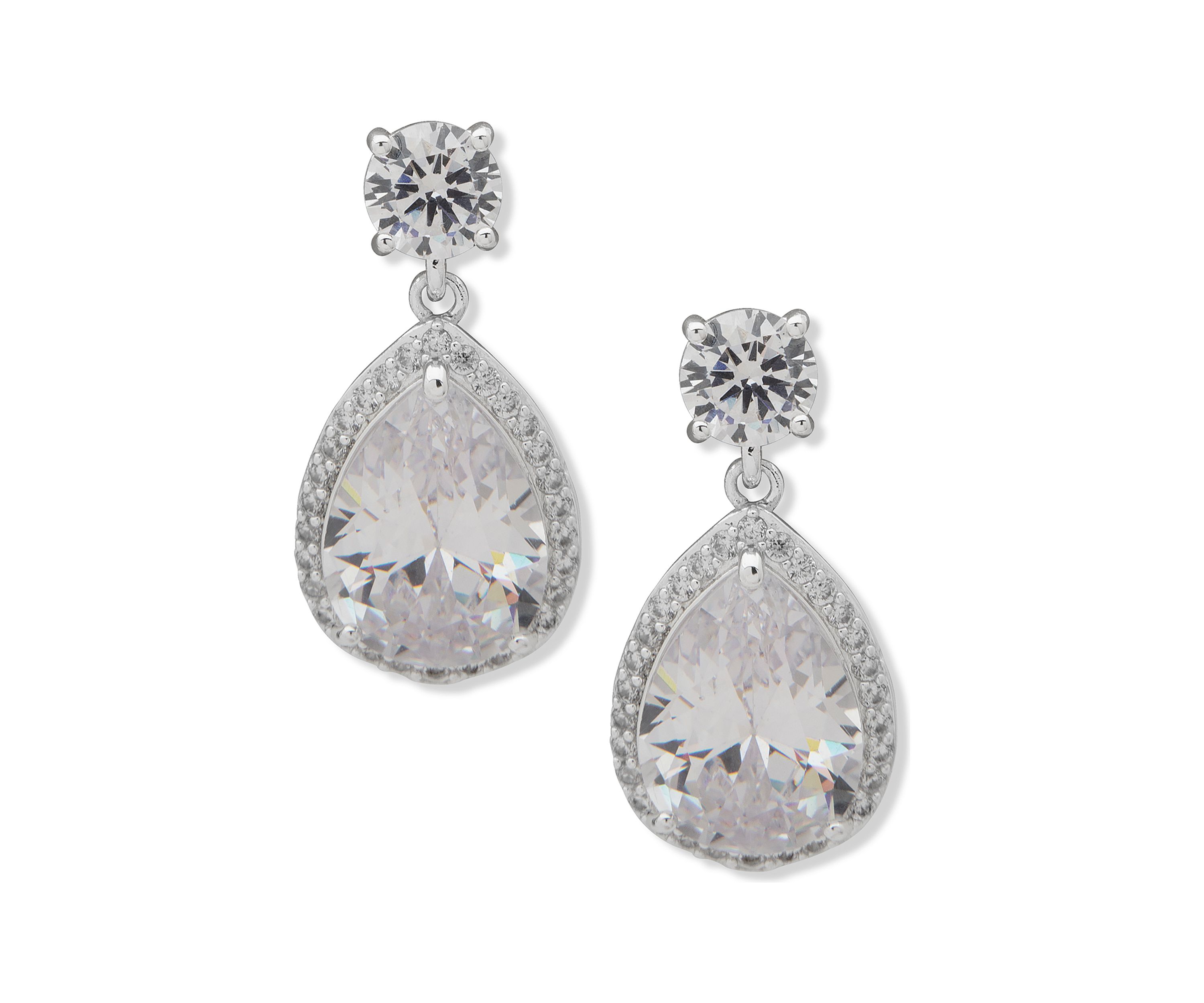 Silver Tone Crystal Round Halo Stud with  Pear Drop Earrings