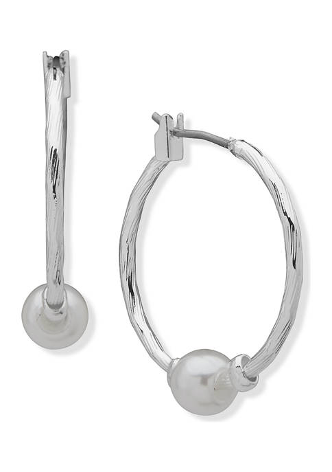 Anne Klein Silver Tone White Pearl Hoop Earrings