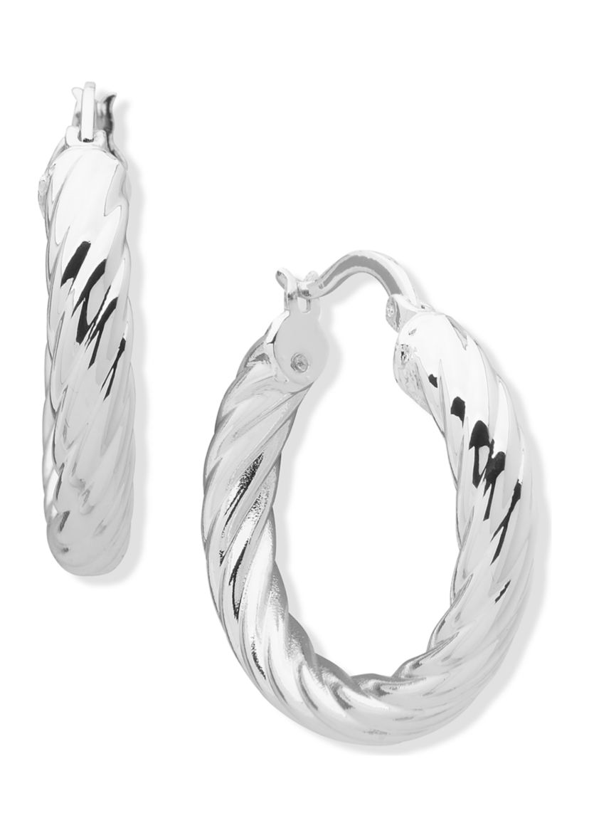Silver Tone Medium Textured Tube Hoop Earrings