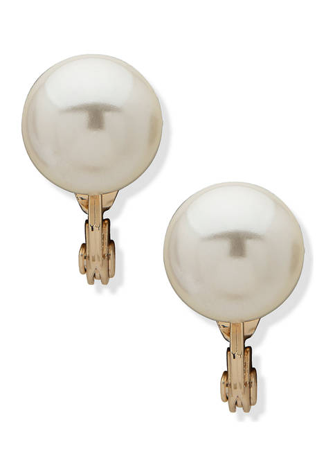 Gold Tone White Pearl 14 Millimeter Button Clip Earrings