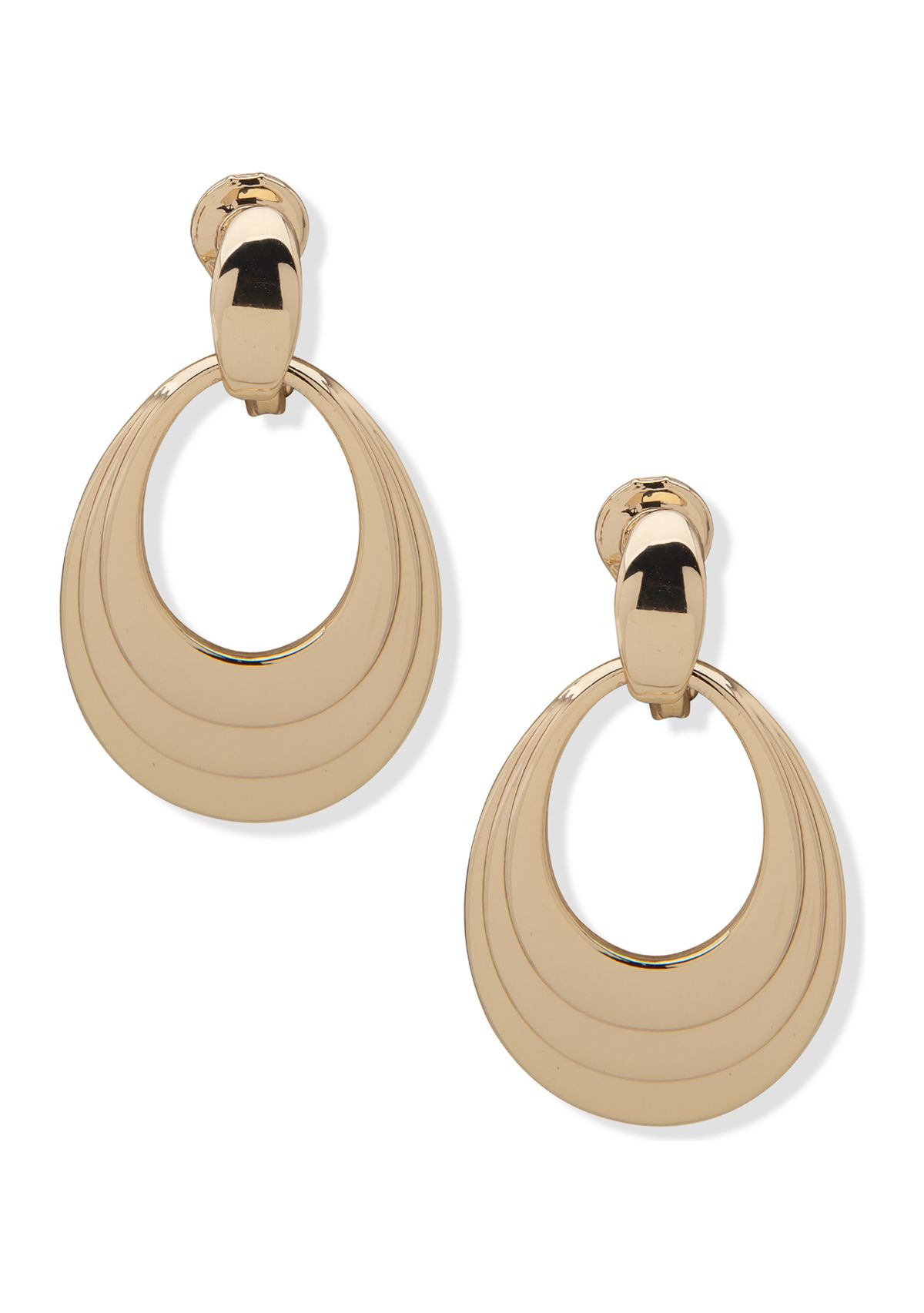Gold Tone Tiered Doorknocker Clip Earrings