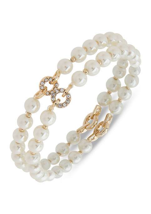 Anne Klein Gold Tone Blanc Pearl Stretch Bracelet