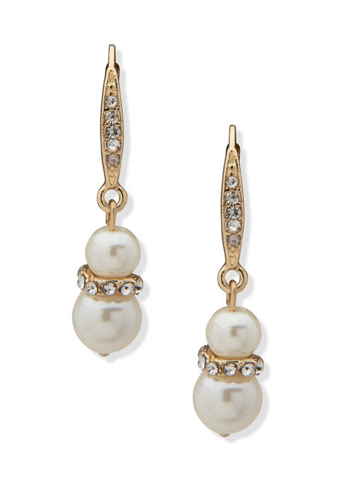 Gold Tone Crystal Blanc Pearl Snowman Double Drop Earrings