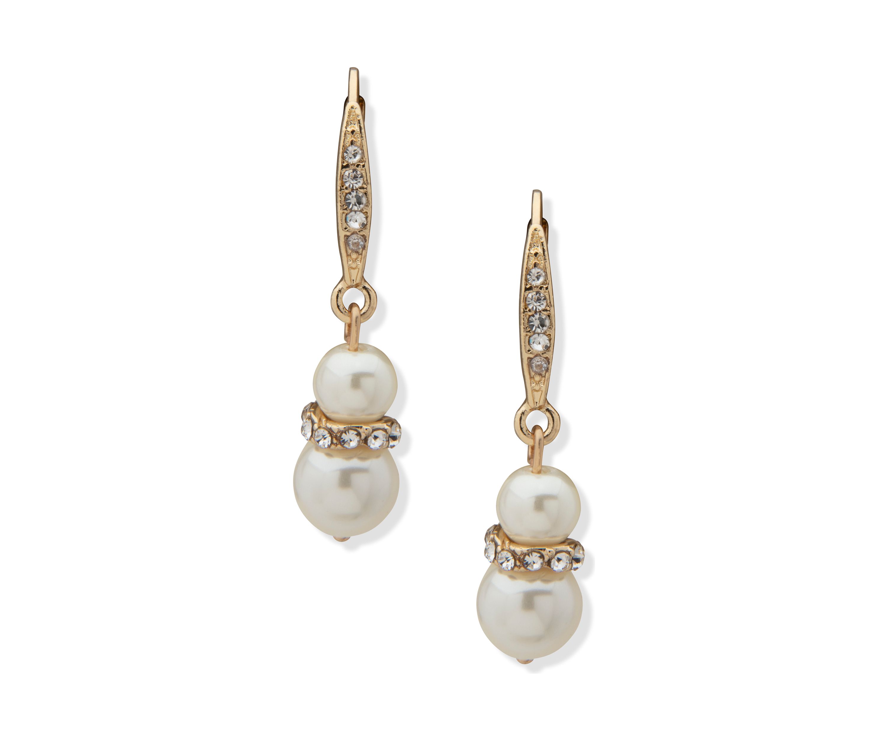 Gold Tone Crystal Blanc Pearl Snowman Double Drop Earrings