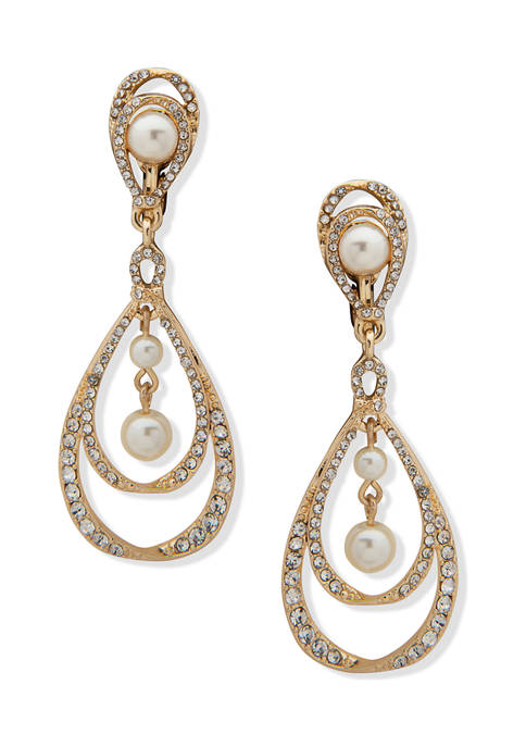 Gold Tone Blanc Pearl Crystal Orbital Bow Chandelier Clip Earrings