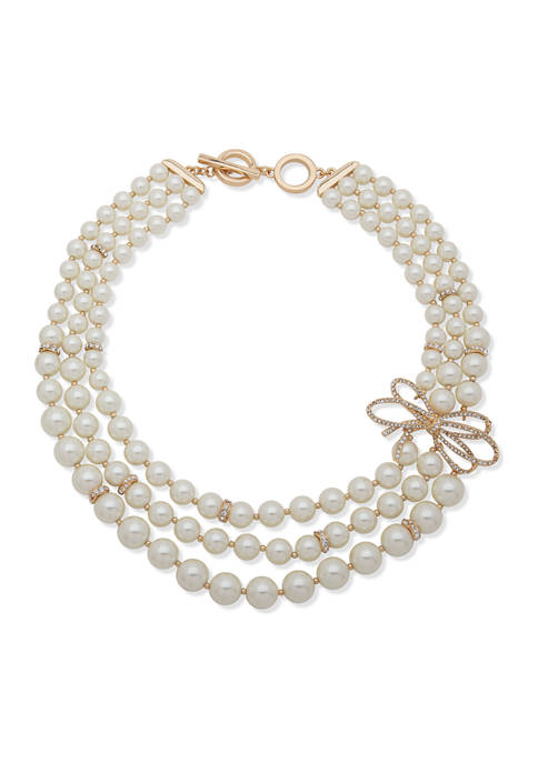 Gold Tone Blanc Pearl 17 Inch Crystal Bow Statement Necklace