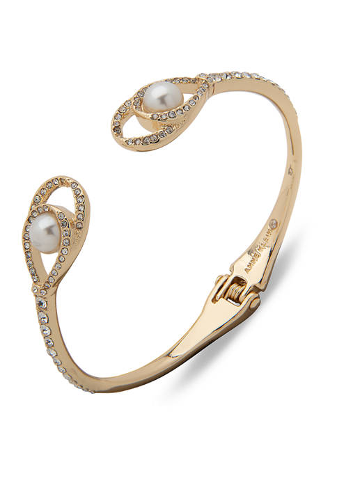 Gold Tone Blanc Pearl Crystal Hinge Bangle Bracelet