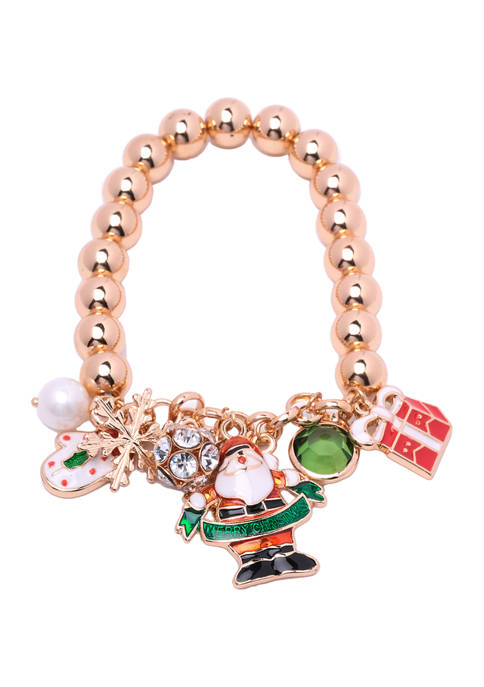 Gold Tone Beaded Stretch Bracelet with Christmas Charms