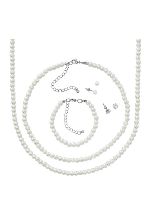 Silver Tone 5-Piece Pearl Strand and Earring Set