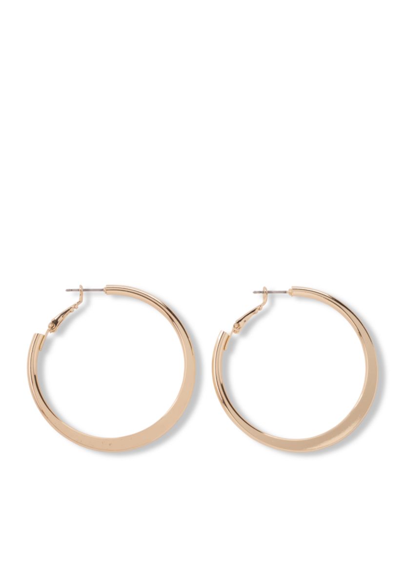 Gold Tone Flat Polished Medium Hoop Earrings