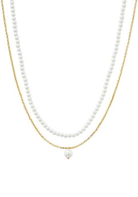Gold Tone Double Strand Pearl and Chain Necklace 