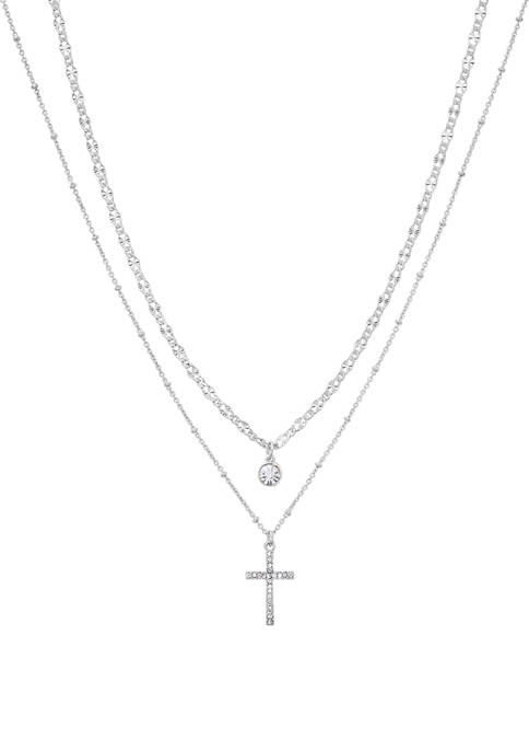 Silver Tone Double Strand Chain Necklace with Crystal Cross 