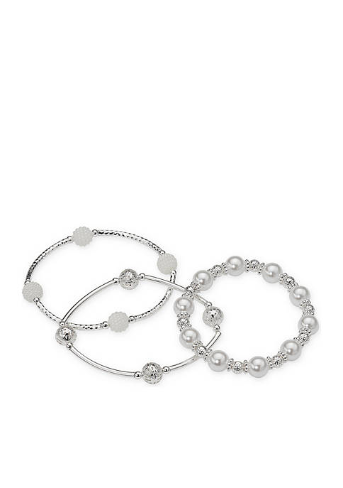 Silver-Tone Pearl and Filigree Bead Set of Three Stretch Bracelets
