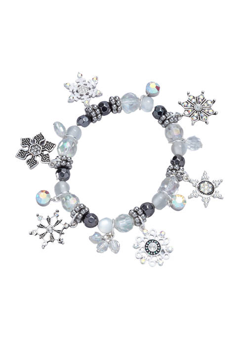 Silver Tone Cubic Zirconia Stretch Snowflake Bracelet 