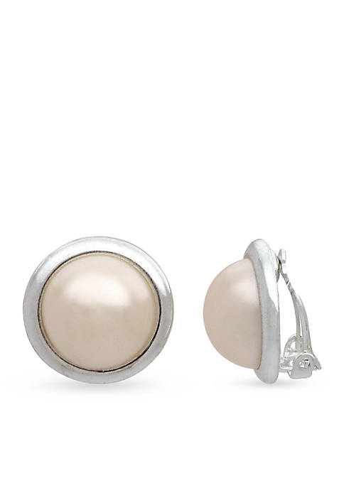 Silver-Tone Sensitive Skin Faux Pearl Dome Clip Earrings