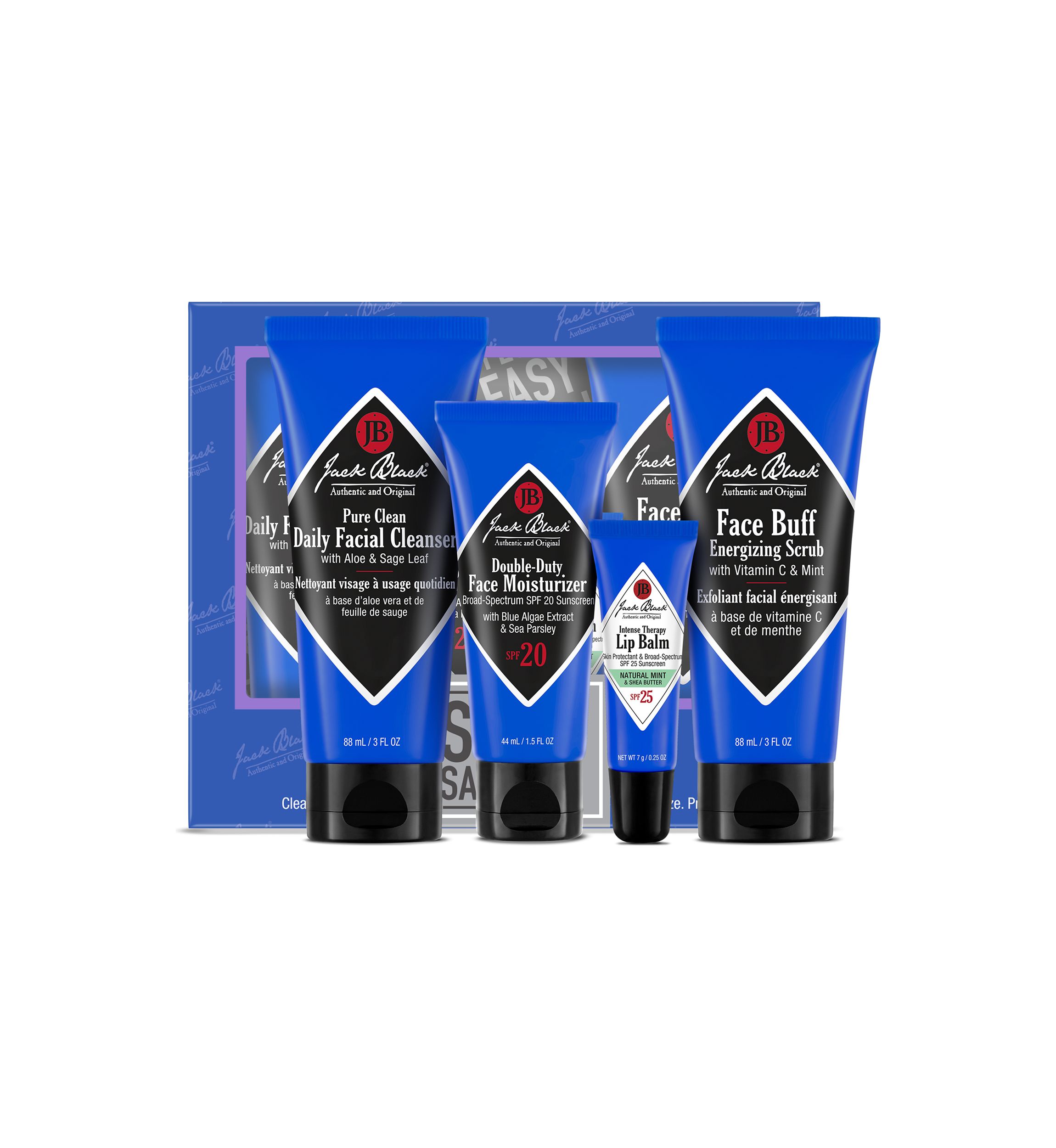 Skin Saviors with Pure Clean Daily Facial Cleanser, Double-Duty Face Moisturizer SPF 20, Intense Therapy Lip Balm SPF 25 Natural Mint & Shea Butter & Face Buff Energizing Scrub