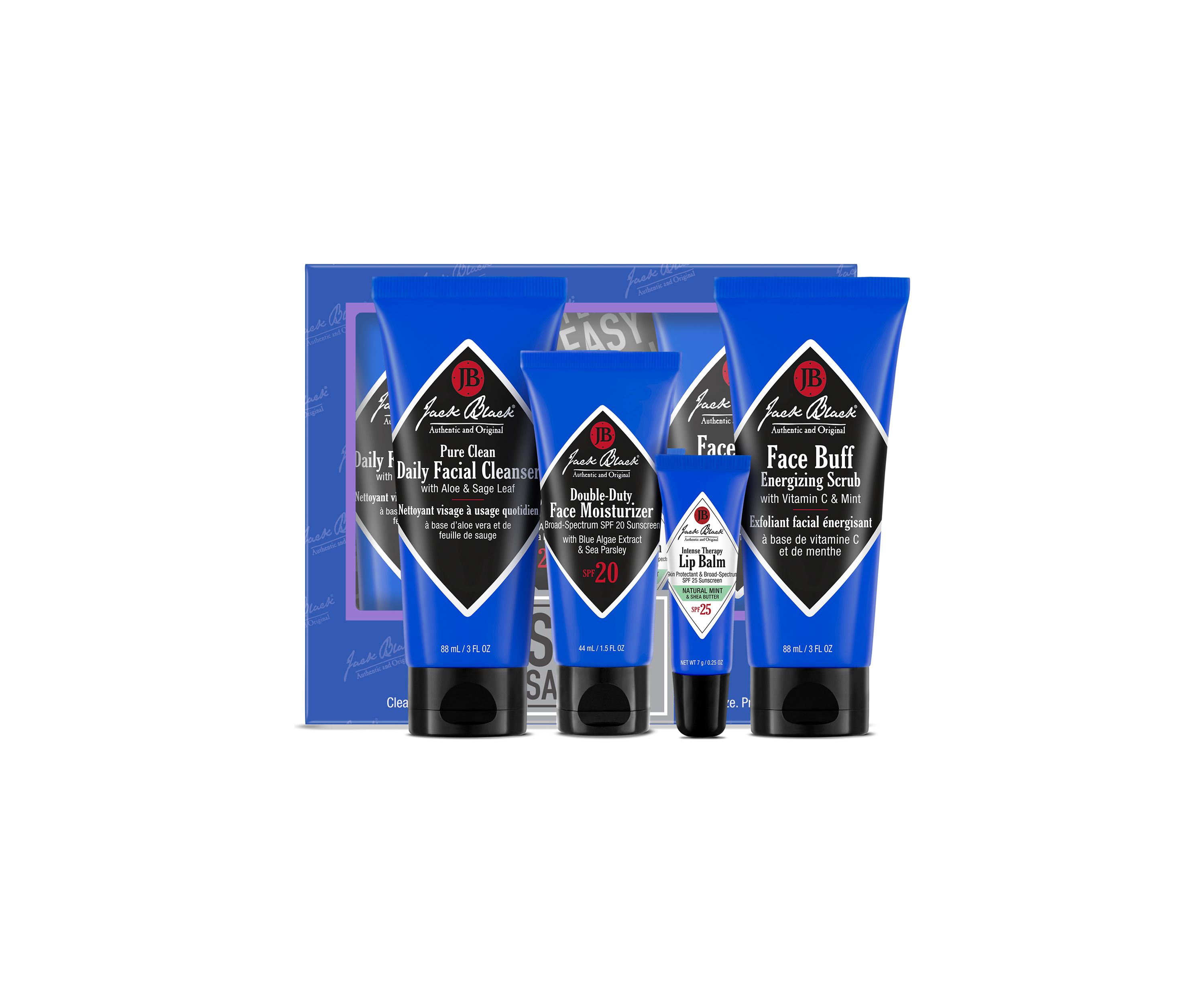 Skin Saviors with Pure Clean Daily Facial Cleanser, Double-Duty Face Moisturizer SPF 20, Intense Therapy Lip Balm SPF 25 Natural Mint & Shea Butter & Face Buff Energizing Scrub