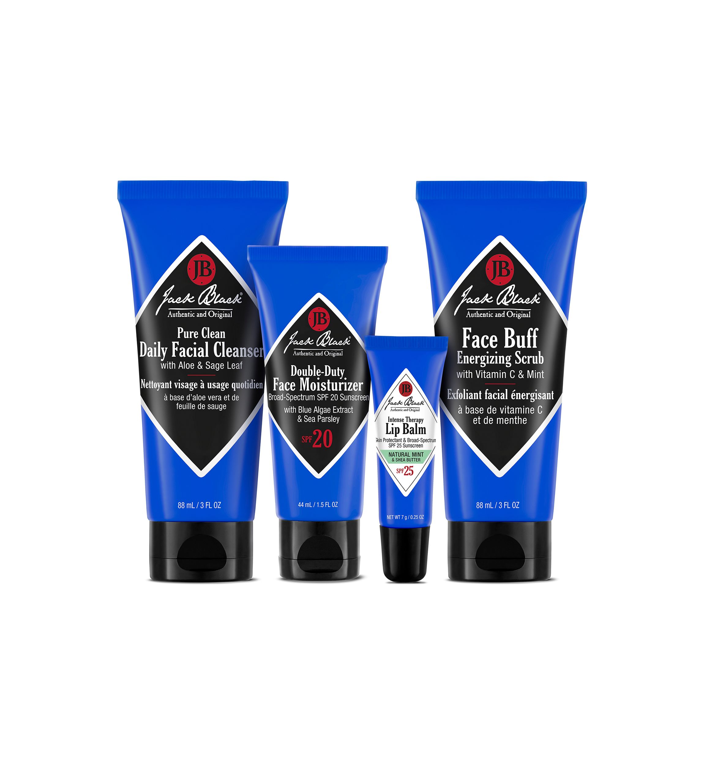 Skin Saviors with Pure Clean Daily Facial Cleanser, Double-Duty Face Moisturizer SPF 20, Intense Therapy Lip Balm SPF 25 Natural Mint & Shea Butter & Face Buff Energizing Scrub