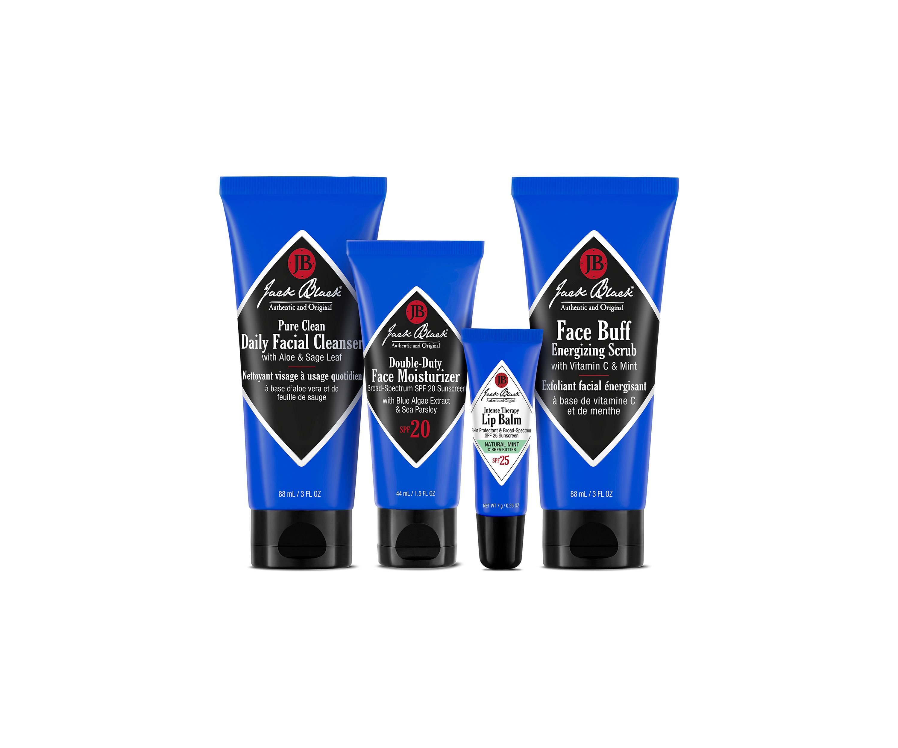 Skin Saviors with Pure Clean Daily Facial Cleanser, Double-Duty Face Moisturizer SPF 20, Intense Therapy Lip Balm SPF 25 Natural Mint & Shea Butter & Face Buff Energizing Scrub