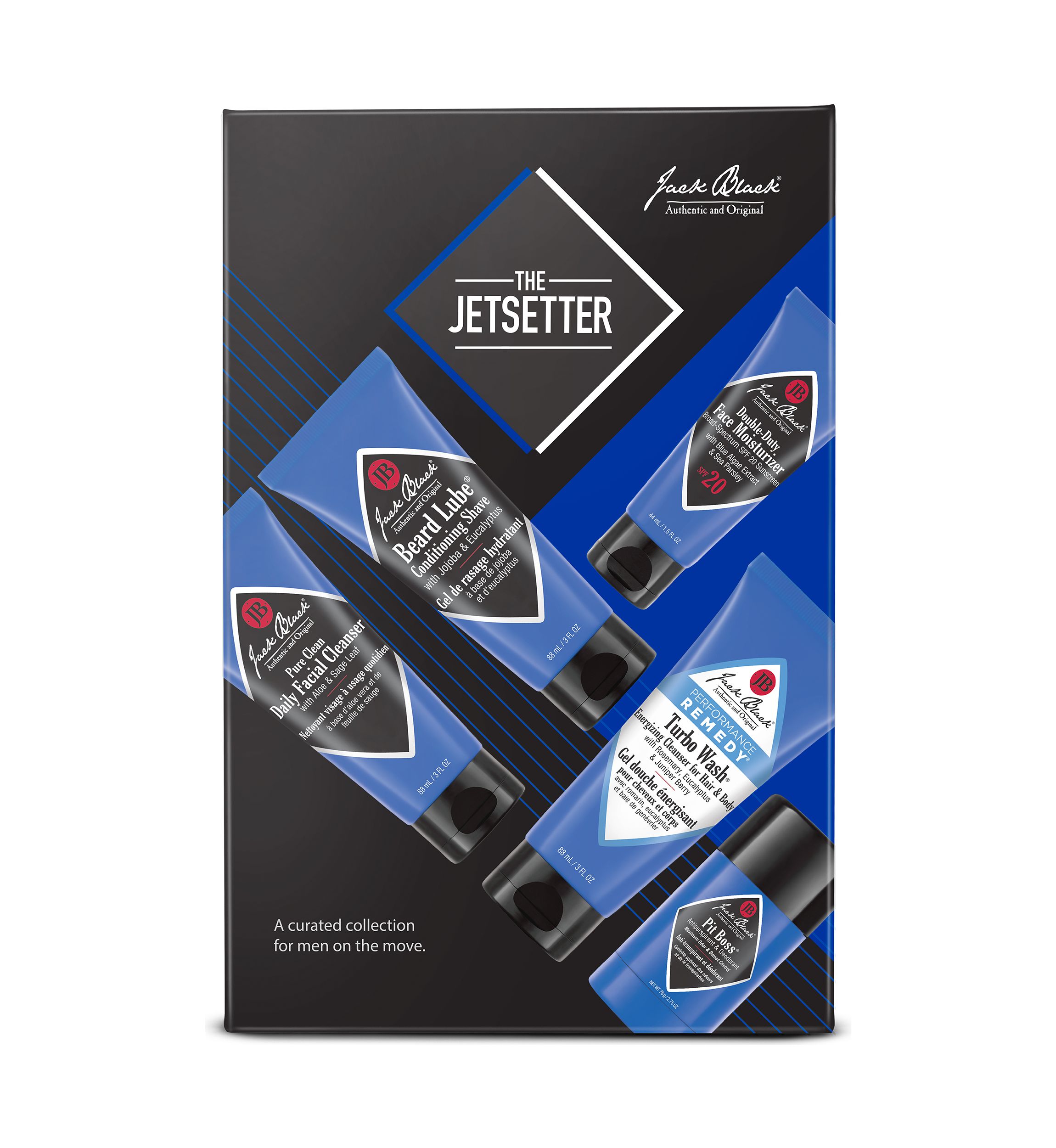 The Jetsetter with Double-Duty Face Moisturizer SPF 20, Pure Clean Daily Facial Cleanser, Beard Lube® Conditioning Shave, Turbo Wash® Energizing Cleanser for Hair & Body & Pit Boss® Antiperspirant & Deodorant