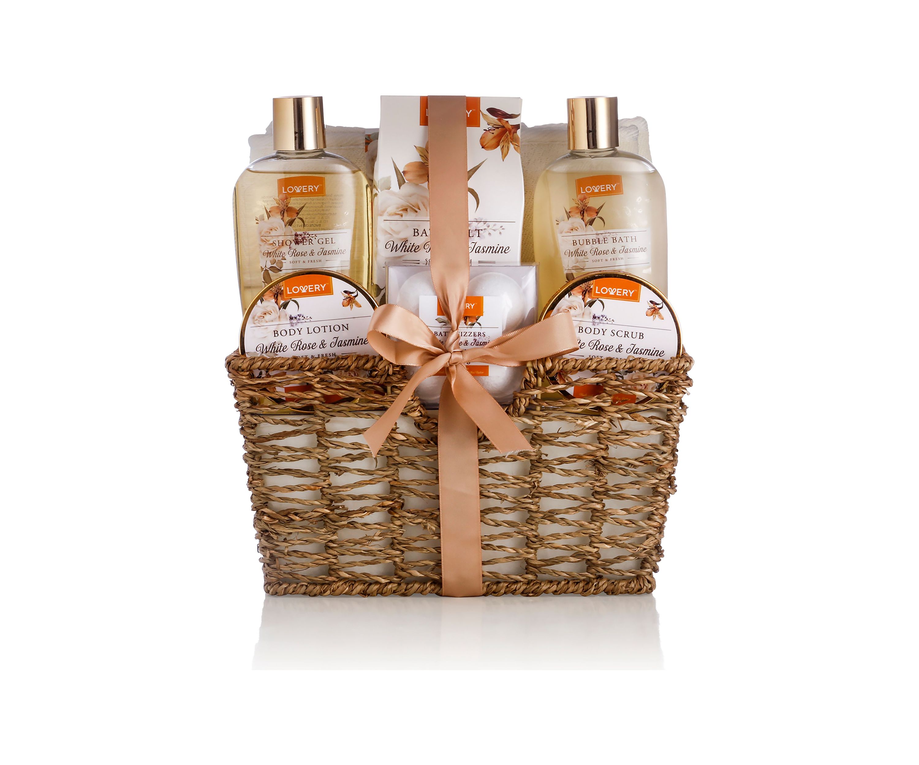 Lovery Home Spa Gift Basket - White Rose & Jasmine - Luxury 11 pc Bath & Body gift