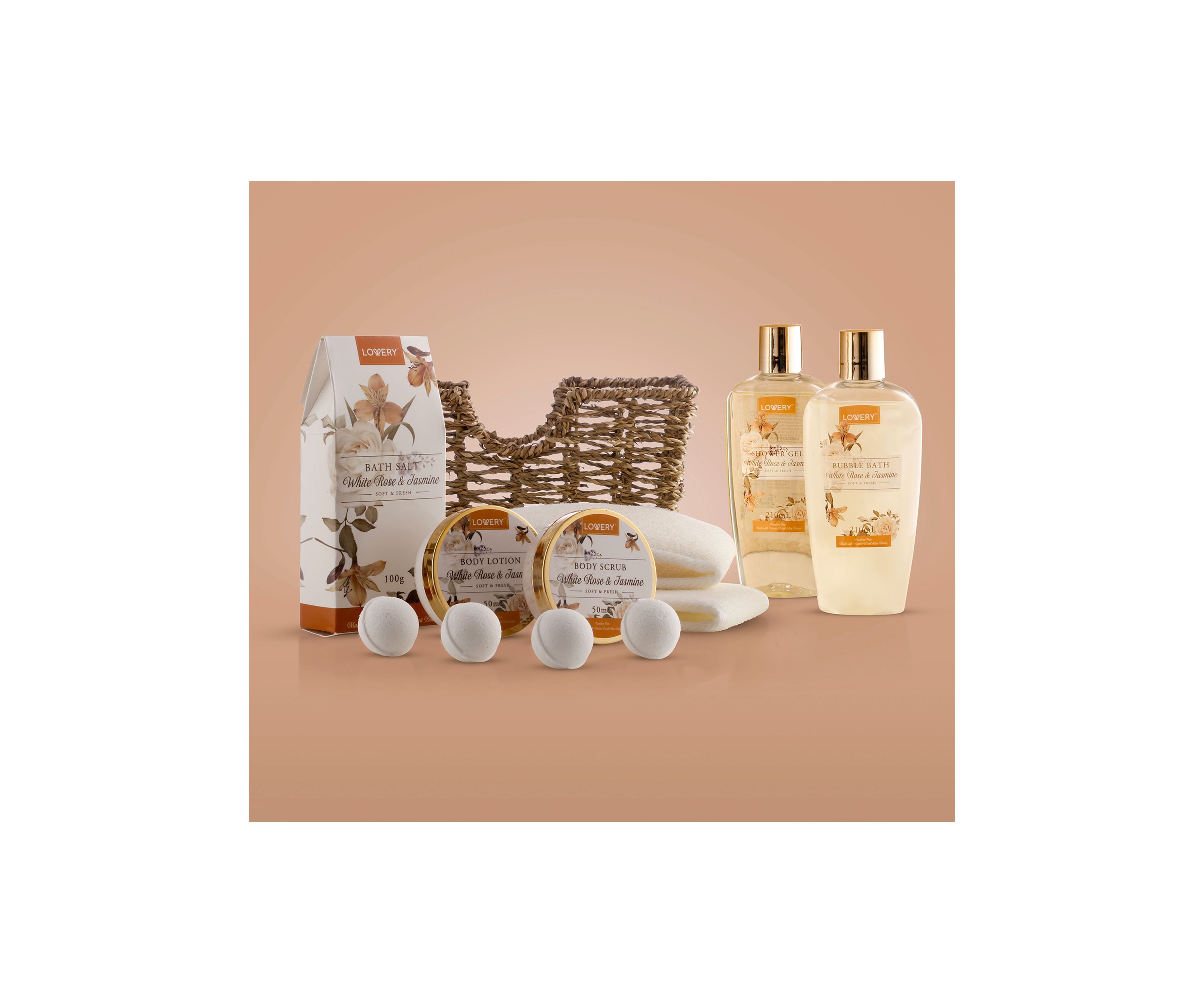 Lovery Home Spa Gift Basket - White Rose & Jasmine - Luxury 11 pc Bath & Body gift