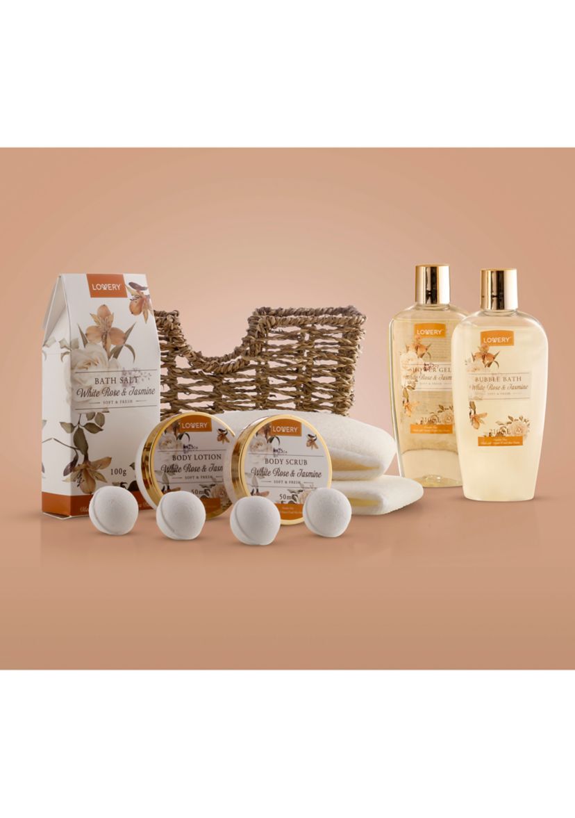 Lovery Home Spa Gift Basket - White Rose & Jasmine - Luxury 11 pc Bath & Body gift