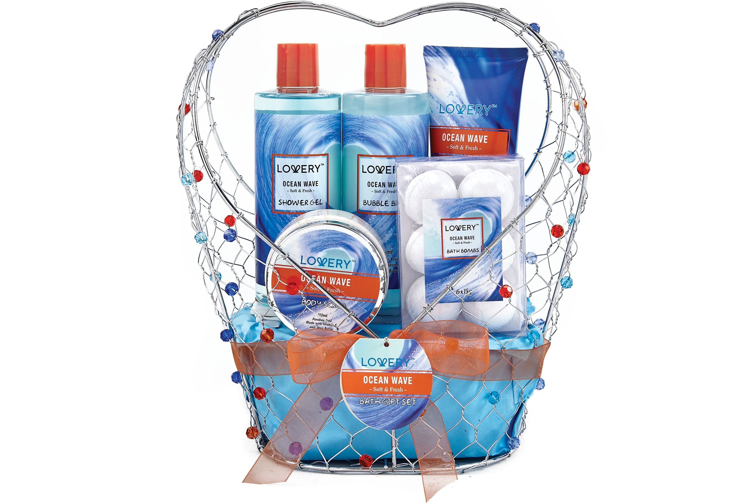 Lovery Home Spa Gift Baskets -  Ocean Wave in Heart Jeweled Holder - 11pc