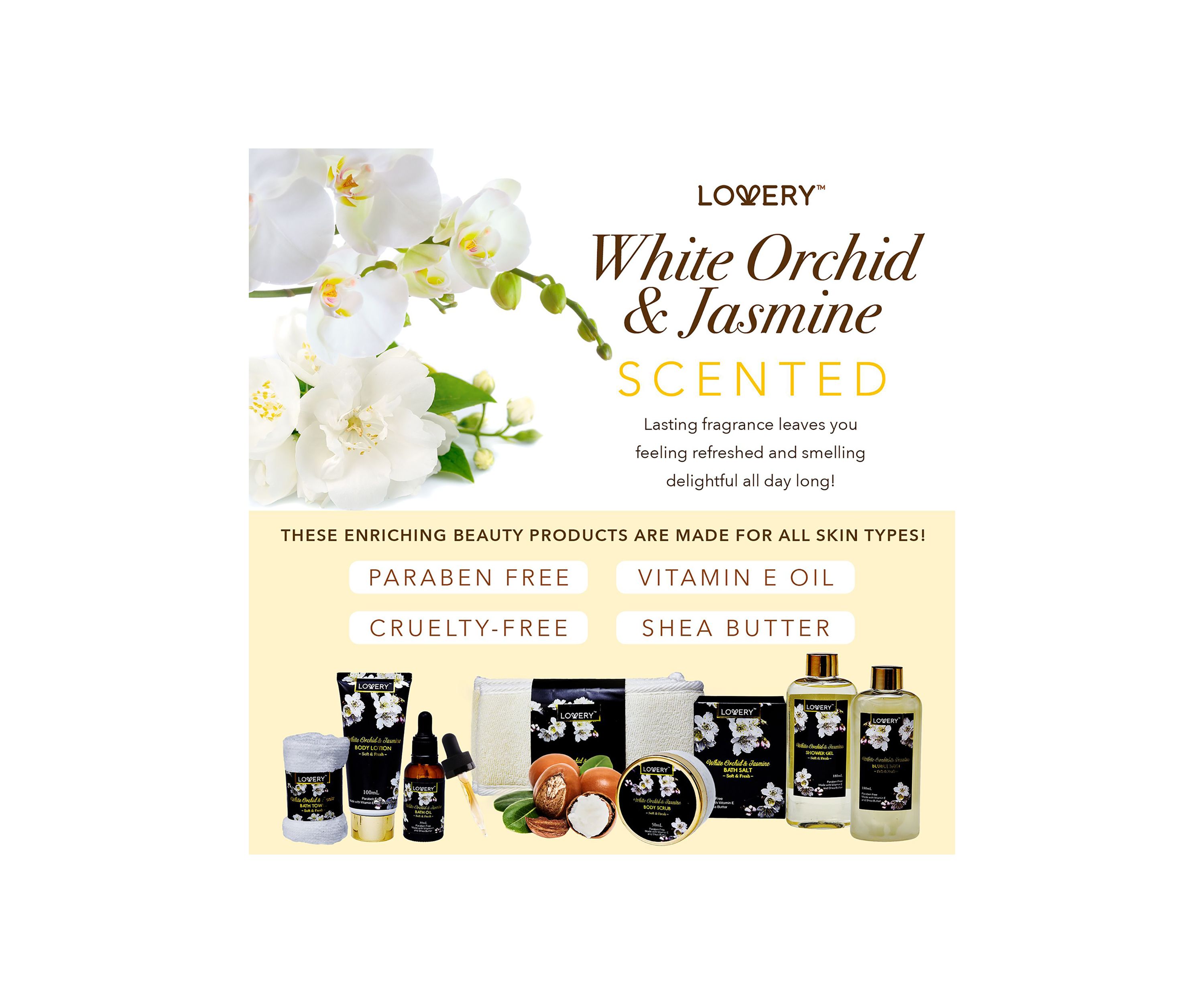 Lovery Bath & Body Gift - Orchid & Jasmine - Body Scrubs, Lotions & More - 9pc