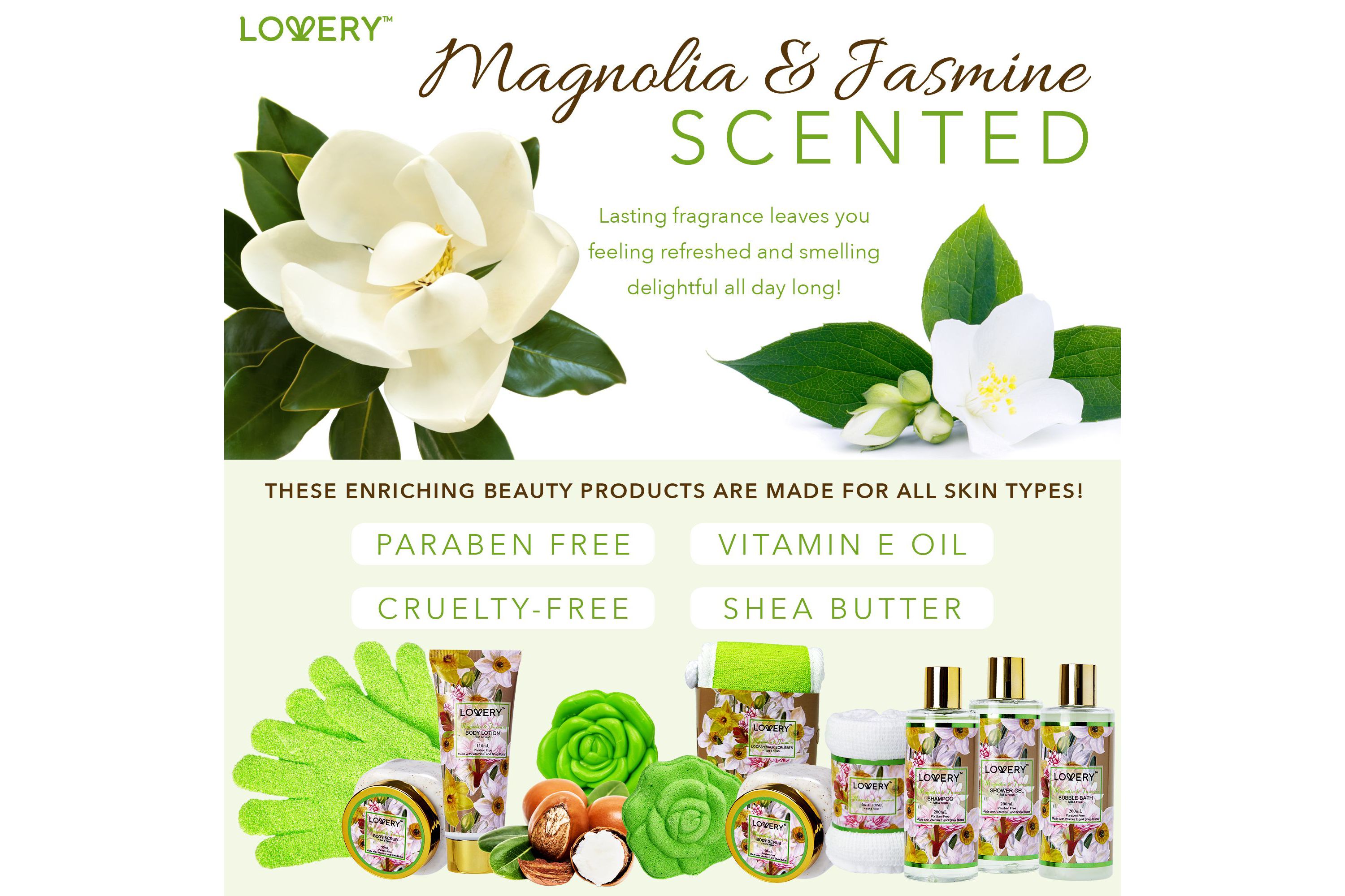 Lovery Home Spa Gift Baskets - Magnolia & Jasmine Scent - 13pc set