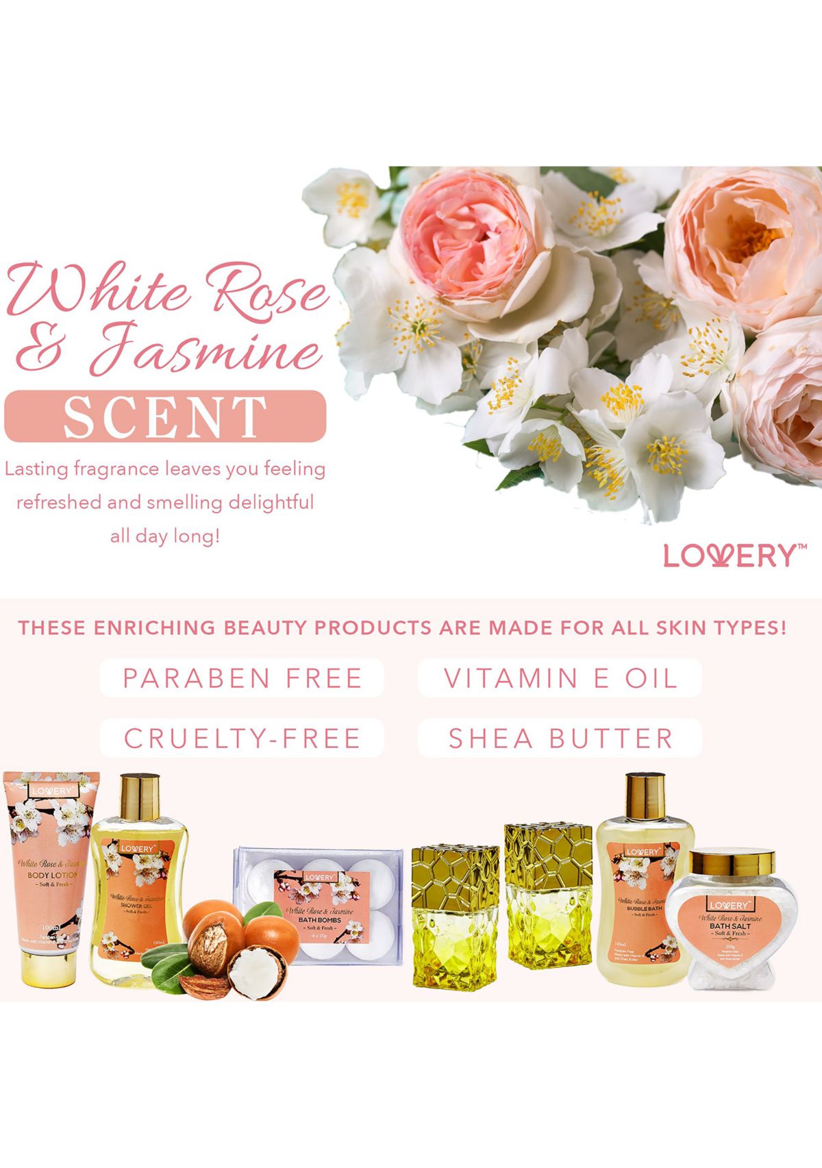 Lovery Bath And Body Gift Basket - White Rose & Jasmine - Home Spa 13pc set