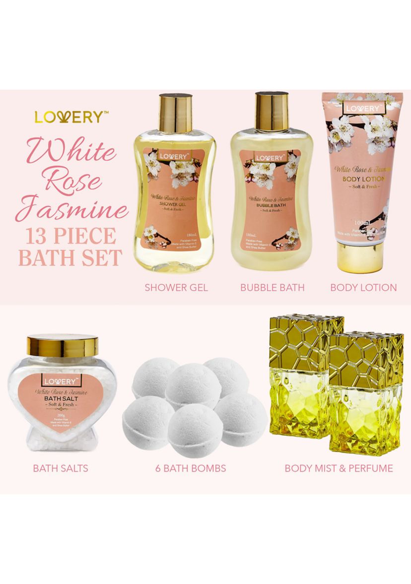Lovery Bath And Body Gift Basket - White Rose & Jasmine - Home Spa 13pc set